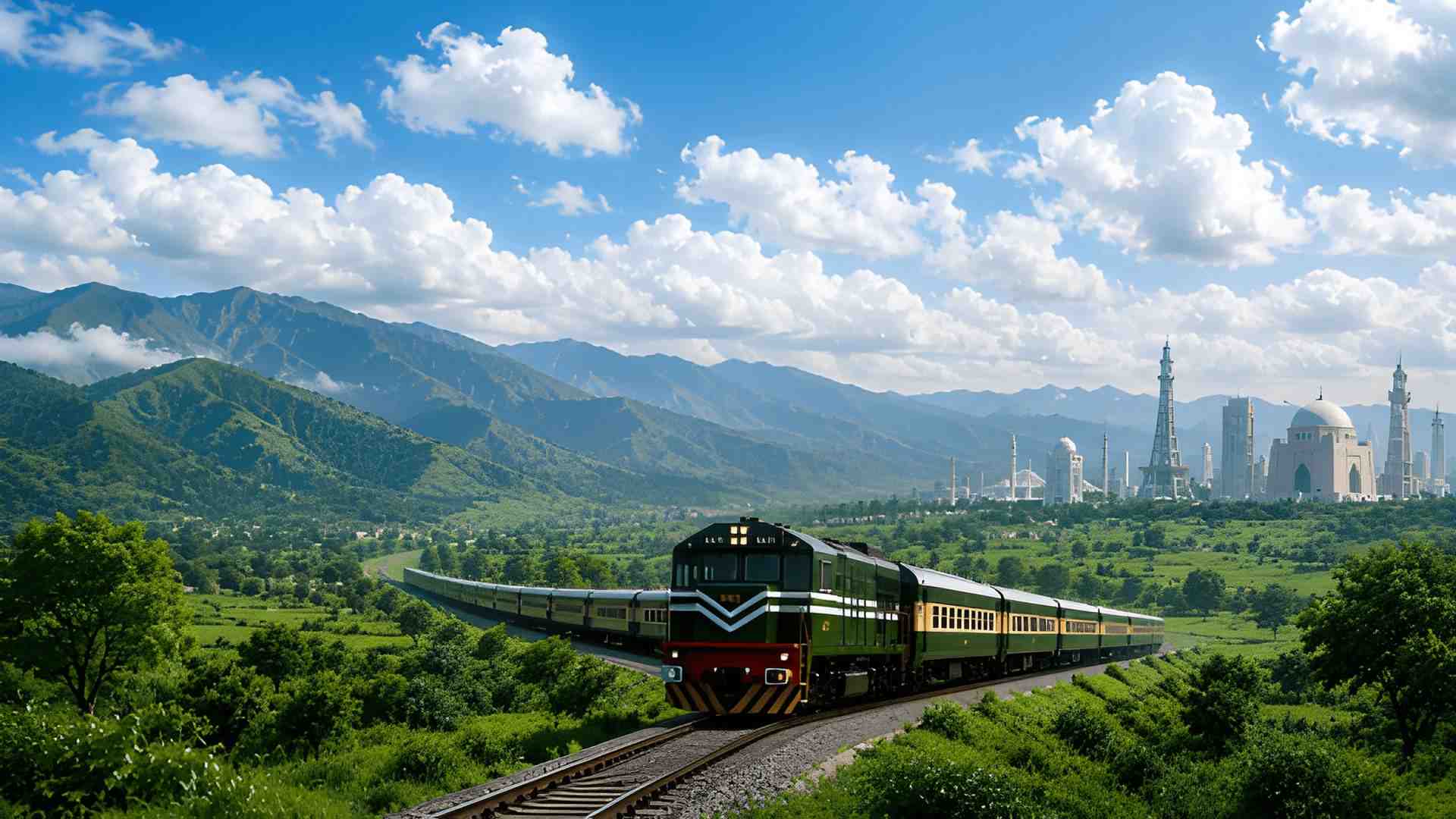 Prime Rail train travelling through Pakistan's green valleys
